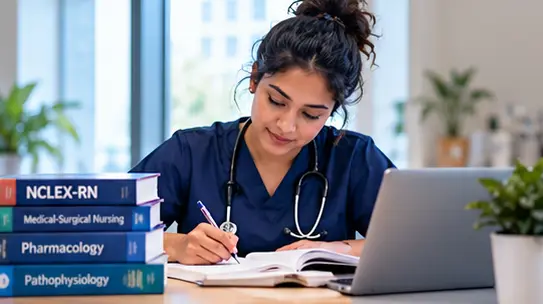 Nurse studying with NCLEX-RN books and a laptop