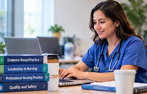 Nurse studying professional nursing topics on a laptop