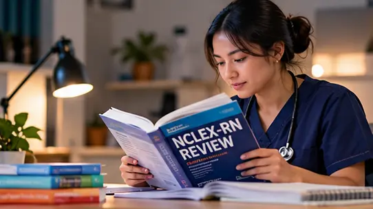 Nurse reading an NCLEX-RN review book