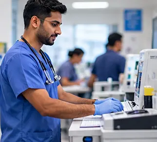 Nurse working with clinical equipment