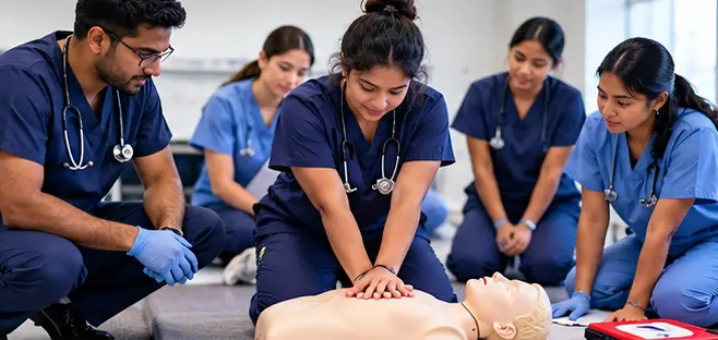 Nurses practising CPR on a manikin