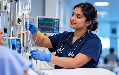 Nurse adjusting an IV pump at the bedside
